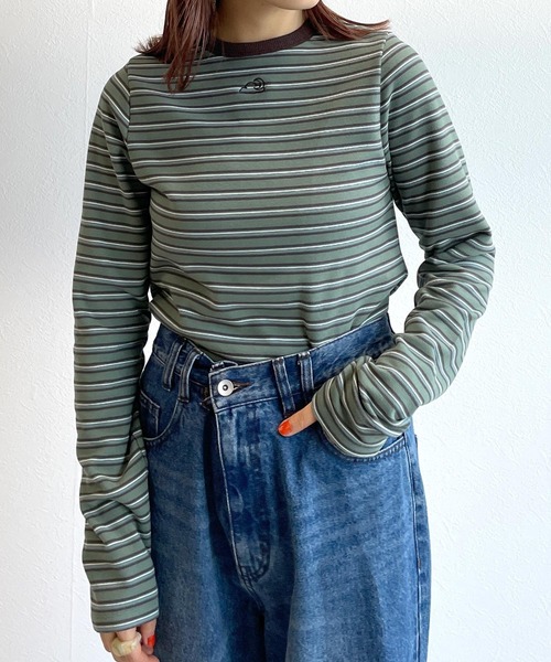 w closet(ダブルクローゼット)の「刺繍起毛ボーダーショート丈ロンT(Tシャツ/カットソー・レディース・オフホワイト/ミント/ネイビー・FREE)」の3枚目の写真