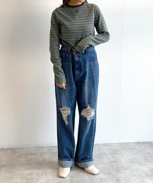 w closet(ダブルクローゼット)の「刺繍起毛ボーダーショート丈ロンT(Tシャツ/カットソー・レディース・オフホワイト/ミント/ネイビー・FREE)」の14枚目の写真