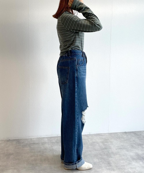 w closet(ダブルクローゼット)の「刺繍起毛ボーダーショート丈ロンT(Tシャツ/カットソー・レディース・オフホワイト/ミント/ネイビー・FREE)」の17枚目の写真