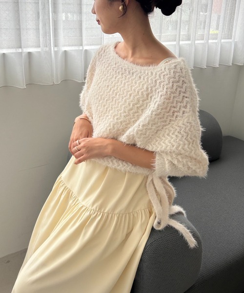 one after another NICE CLAUP（ワンアフターアナザーナイスクラップ）の「サイドリボンショートメッシュニット（ニット/セーター・レディース・アイボリー/ライトグレー/ピンク/ブラック・FREE）」の7枚目の写真