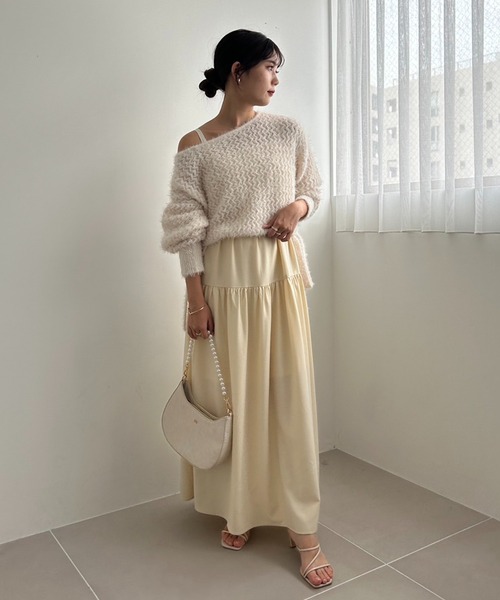 one after another NICE CLAUP（ワンアフターアナザーナイスクラップ）の「サイドリボンショートメッシュニット（ニット/セーター・レディース・アイボリー/ライトグレー/ピンク/ブラック・FREE）」の5枚目の写真