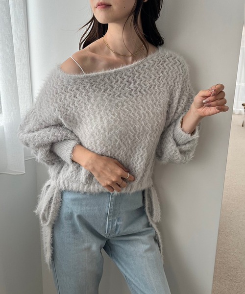 one after another NICE CLAUP（ワンアフターアナザーナイスクラップ）の「サイドリボンショートメッシュニット（ニット/セーター・レディース・アイボリー/ライトグレー/ピンク/ブラック・FREE）」の12枚目の写真