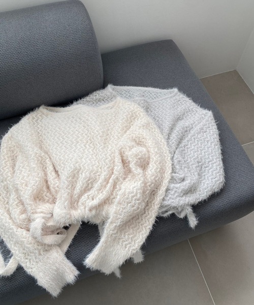 one after another NICE CLAUP（ワンアフターアナザーナイスクラップ）の「サイドリボンショートメッシュニット（ニット/セーター・レディース・アイボリー/ライトグレー/ピンク/ブラック・FREE）」の16枚目の写真