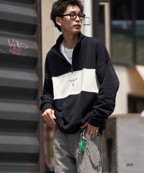 PUBLUX（パブリュクス）の「U.S. POLO ASSN./ユーエスポロアッスン 別注ハーフジップスウェット/ロゴ刺繍/ユニセックス/裏起毛(限定展開)（スウェット・メンズ・ネイビー/グリーン/ブルー/チャコールグレー/ブラック/ライトグレー/インディゴブルー/グレー・LARGE/SMALL/MEDIUM）」の9枚目の写真