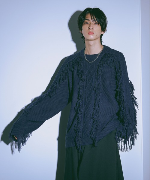 Ellno Loset(エルノロゼット)の「フリンジケーブルニット(ニット/セーター・メンズ・ブラック/オフホワイト/ネイビー・SMALL/MEDIUM/LARGE)」の20枚目の写真