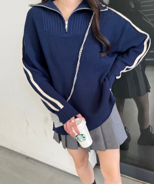 nemne store（ネンネストア）の「【低身長サイズあり】肩ライントラックハーフジップニット（ニット/セーター・レディース・ライトブルー/アイボリー/ネイビー・フリー）」の8枚目の写真