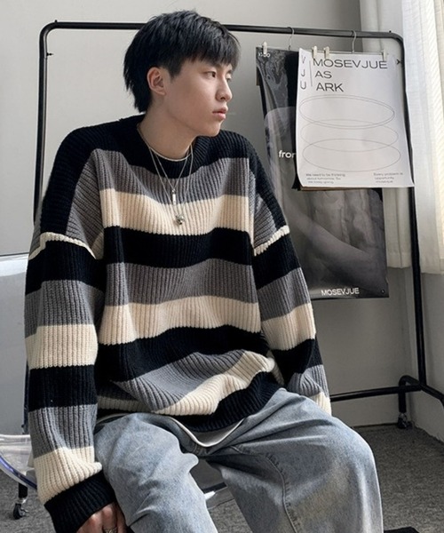 Anchor Smith（アンカー スミス）の「マルチボーダー ビッグシルエット プルオーバーニット（ニット/セーター・メンズ・ブラック/ブルー/ブラウン/ネイビー・M/L/XL）」の14枚目の写真