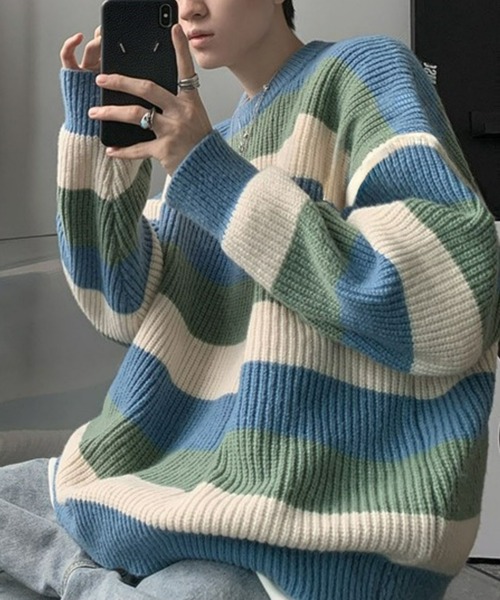 Anchor Smith（アンカー スミス）の「マルチボーダー ビッグシルエット プルオーバーニット（ニット/セーター・メンズ・ブラック/ブルー/ブラウン/ネイビー・M/L/XL）」の18枚目の写真