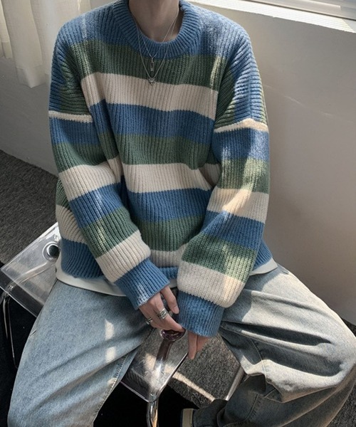 Anchor Smith（アンカー スミス）の「マルチボーダー ビッグシルエット プルオーバーニット（ニット/セーター・メンズ・ブラック/ブルー/ブラウン/ネイビー・M/L/XL）」の21枚目の写真