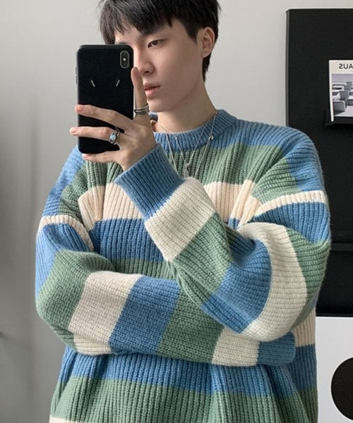 Anchor Smith（アンカー スミス）の「マルチボーダー ビッグシルエット プルオーバーニット（ニット/セーター・メンズ・ブラック/ブルー/ブラウン/ネイビー・M/L/XL）」の19枚目の写真