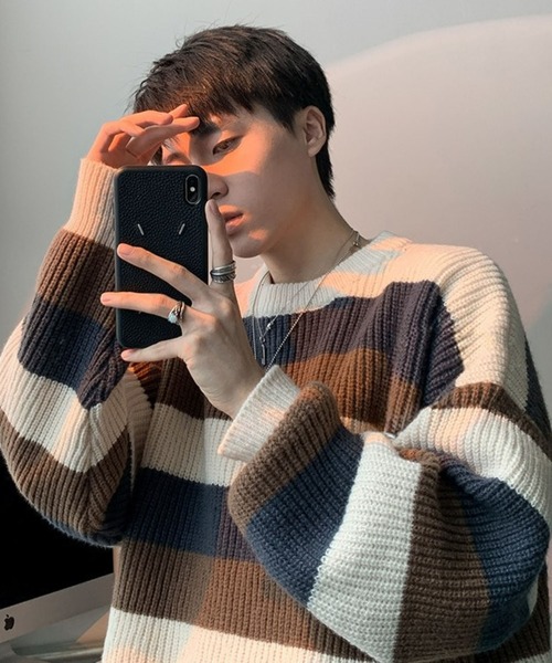 Anchor Smith（アンカー スミス）の「マルチボーダー ビッグシルエット プルオーバーニット（ニット/セーター・メンズ・ブラック/ブルー/ブラウン/ネイビー・M/L/XL）」の15枚目の写真