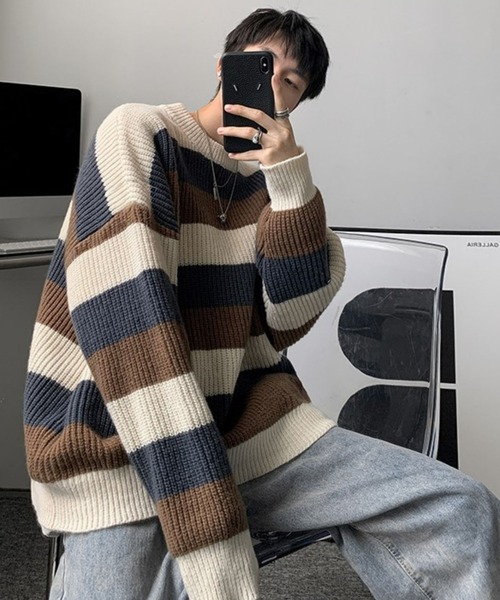 アクレント　マルチボーダー　ルーズ　ニット　ネイビー アクレント マルチボーダー ルーズ ニット ネイビー - メルカリ