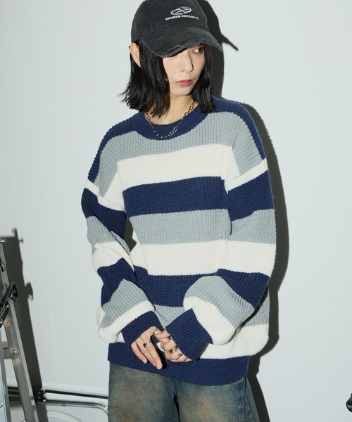 セール】マルチボーダー ビッグシルエット プルオーバーニット（ニット