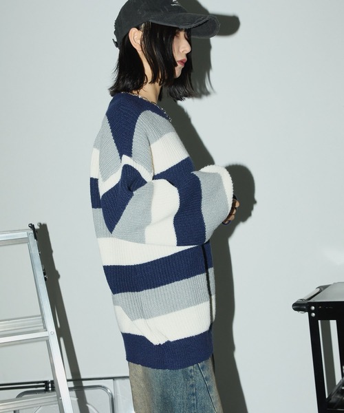 セール】マルチボーダー ビッグシルエット プルオーバーニット（ニット