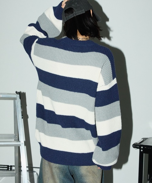 セール】マルチボーダー ビッグシルエット プルオーバーニット（ニット