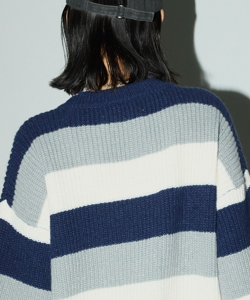 セール】マルチボーダー ビッグシルエット プルオーバーニット（ニット