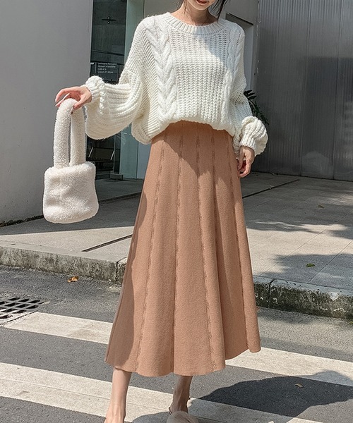 MILAE（ミレ）の「千鳥ラインニットフレアロングスカート（スカート・レディース・ブラック/ピンクベージュ/ブラウン/オフホワイト/グレー・FREE）」の10枚目の写真