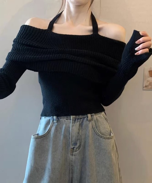 Nia（ニア）の「Nia(ニア)/ホルターネック　オフショルリブニット（ニット/セーター・レディース・ベージュ/ブラック/グレー/アイボリー・FREE）」の3枚目の写真