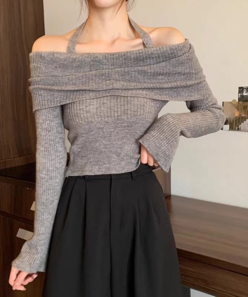 Nia（ニア）の「Nia(ニア)/ホルターネック　オフショルリブニット（ニット/セーター・レディース・ベージュ/ブラック/グレー/アイボリー・FREE）」の19枚目の写真