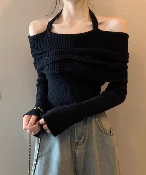 Nia（ニア）の「Nia(ニア)/ホルターネック　オフショルリブニット（ニット/セーター・レディース・ベージュ/ブラック/グレー/アイボリー・FREE）」の10枚目の写真
