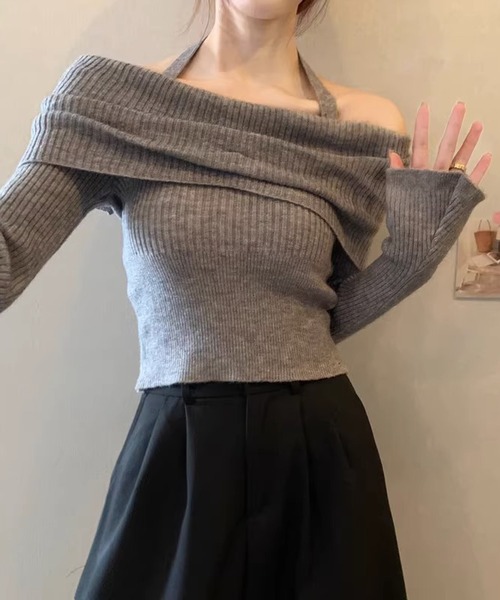 Nia（ニア）の「Nia(ニア)/ホルターネック　オフショルリブニット（ニット/セーター・レディース・ベージュ/ブラック/グレー/アイボリー・FREE）」の16枚目の写真