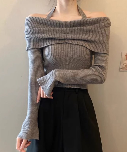Nia（ニア）の「Nia(ニア)/ホルターネック　オフショルリブニット（ニット/セーター・レディース・ベージュ/ブラック/グレー/アイボリー・FREE）」の18枚目の写真