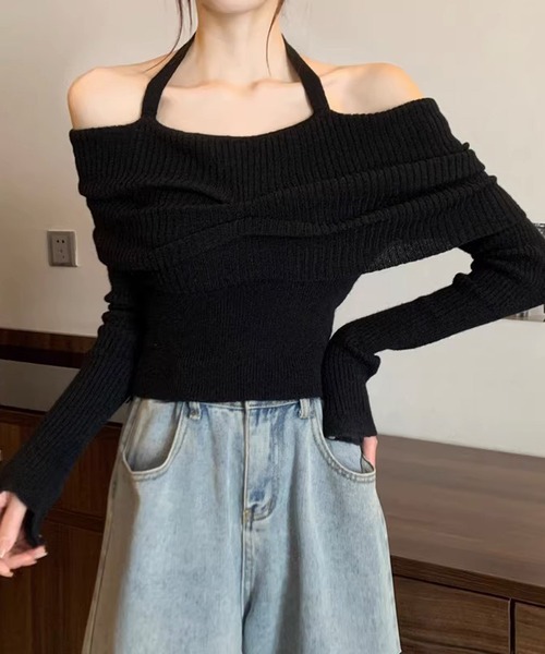 Nia（ニア）の「Nia(ニア)/ホルターネック　オフショルリブニット（ニット/セーター・レディース・ベージュ/ブラック/グレー/アイボリー・FREE）」の11枚目の写真