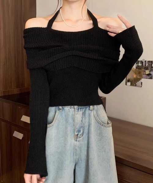 Nia（ニア）の「Nia(ニア)/ホルターネック　オフショルリブニット（ニット/セーター・レディース・ベージュ/ブラック/グレー/アイボリー・FREE）」の12枚目の写真