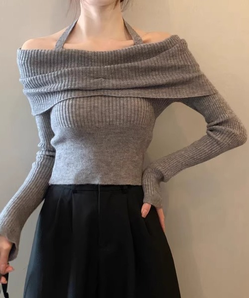 Nia（ニア）の「Nia(ニア)/ホルターネック　オフショルリブニット（ニット/セーター・レディース・ベージュ/ブラック/グレー/アイボリー・FREE）」の15枚目の写真