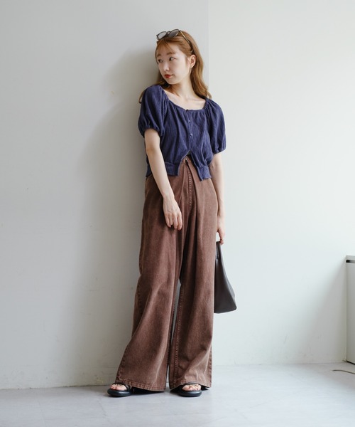 セール】【3サイズ展開/低身長サイズ】デニムタックワイドパンツ