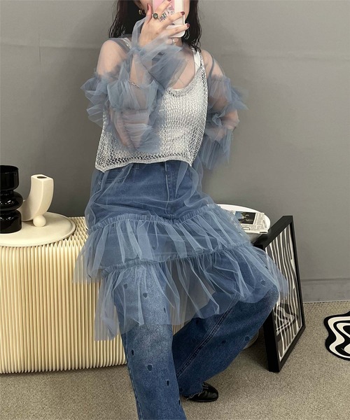 noir keininomiya 2021awチュールフリルワンピース　ブルー noir keininomiya 2021awチュールフリルワンピース ブルー