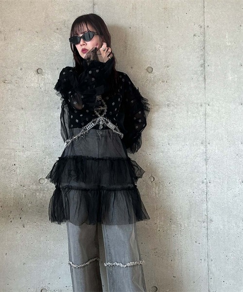 miette（ミエット）の「チュールフリルシアーワンピース（ワンピース・レディース・ピンク/ブルー/ブラック・FREE）」の4枚目の写真