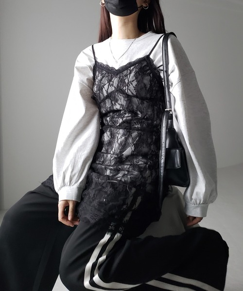me+em select(ミームセレクト)の「【 2color 】チュールドッキングレースチュニックキャミソール / tulle docking lace tunic camisole(キャミソール・レディース・ブラック/アイボリー・FREE)」の8枚目の写真