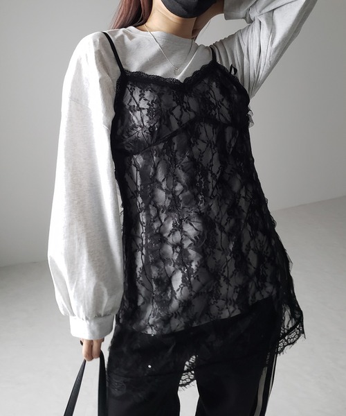 me+em select(ミームセレクト)の「【 2color 】チュールドッキングレースチュニックキャミソール / tulle docking lace tunic camisole(キャミソール・レディース・ブラック/アイボリー・FREE)」の14枚目の写真