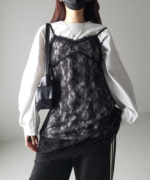me+em select(ミームセレクト)の「【 2color 】チュールドッキングレースチュニックキャミソール / tulle docking lace tunic camisole(キャミソール・レディース・ブラック/アイボリー・FREE)」の16枚目の写真
