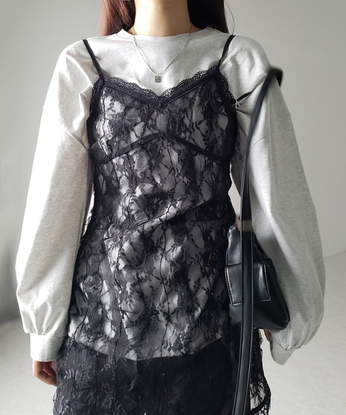 me+em select(ミームセレクト)の「【 2color 】チュールドッキングレースチュニックキャミソール / tulle docking lace tunic camisole(キャミソール・レディース・ブラック/アイボリー・FREE)」の5枚目の写真
