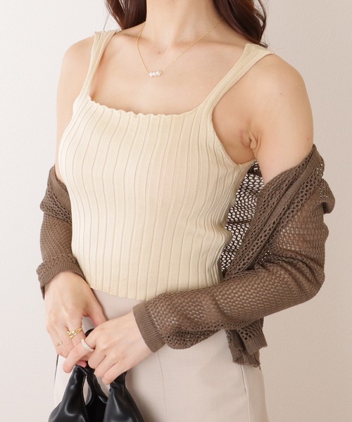 Lace Ladies(レースレディース)の「スクエアネック リブ ニット コンパクト トップス(タンクトップ・レディース・ブラック/ホワイト/ネイビー/アイボリー・FREE)」の1枚目の写真