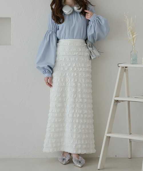 Ambre Neige(アンブルネージュ)の「フリルIラインスカート/WEB/EC限定商品(スカート・レディース・ブラック/オフホワイト・FREE)」の10枚目の写真