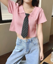 NinaetLina | クロップド丈ネクタイ付半袖リブニット(Tシャツ/カットソー)