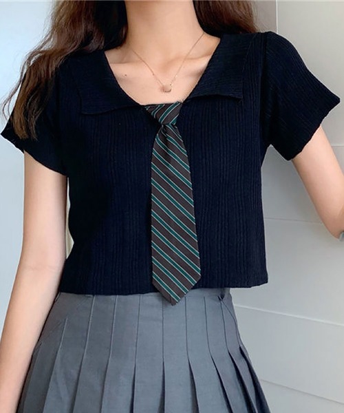 NinaetLina(ニナエリナ)の「クロップド丈ネクタイ付半袖リブニット(Tシャツ/カットソー・レディース・ホワイト/ピンク/グレー/ブラック・FREE)」の3枚目の写真