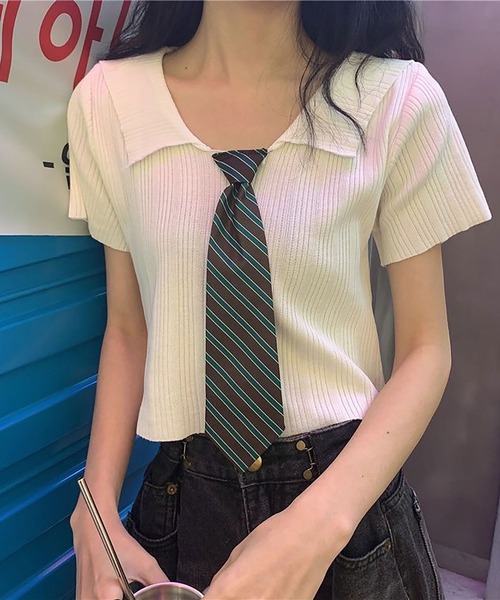 NinaetLina(ニナエリナ)の「クロップド丈ネクタイ付半袖リブニット(Tシャツ/カットソー・レディース・ホワイト/ピンク/グレー/ブラック・FREE)」の20枚目の写真