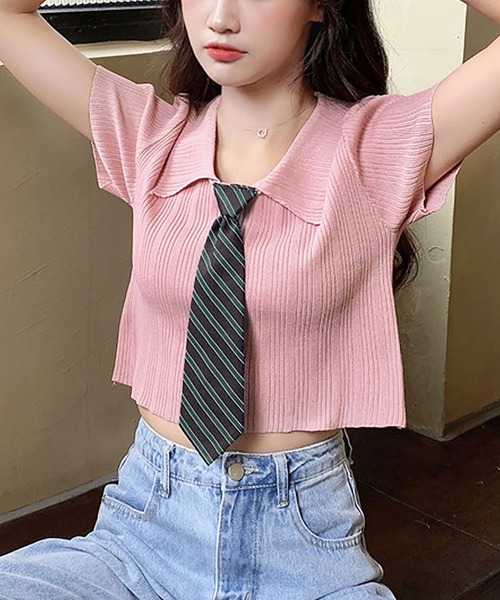 NinaetLina(ニナエリナ)の「クロップド丈ネクタイ付半袖リブニット(Tシャツ/カットソー・レディース・ホワイト/ピンク/グレー/ブラック・FREE)」の15枚目の写真
