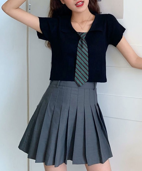 NinaetLina(ニナエリナ)の「クロップド丈ネクタイ付半袖リブニット(Tシャツ/カットソー・レディース・ホワイト/ピンク/グレー/ブラック・FREE)」の10枚目の写真