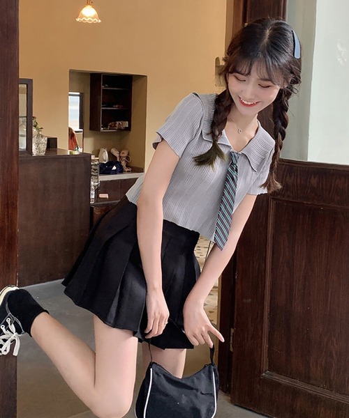 NinaetLina(ニナエリナ)の「クロップド丈ネクタイ付半袖リブニット(Tシャツ/カットソー・レディース・ホワイト/ピンク/グレー/ブラック・FREE)」の16枚目の写真