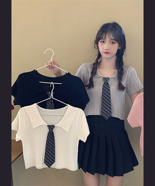 NinaetLina(ニナエリナ)の「クロップド丈ネクタイ付半袖リブニット(Tシャツ/カットソー・レディース・ホワイト/ピンク/グレー/ブラック・FREE)」の17枚目の写真