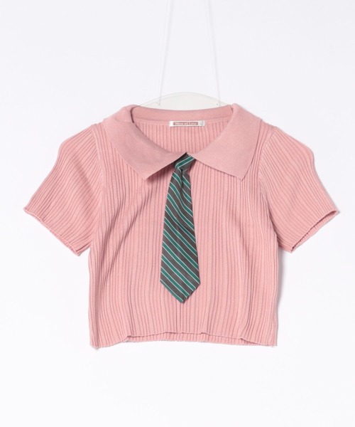 NinaetLina(ニナエリナ)の「クロップド丈ネクタイ付半袖リブニット(Tシャツ/カットソー・レディース・ホワイト/ピンク/グレー/ブラック・FREE)」の6枚目の写真
