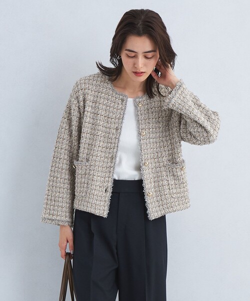 green label relaxing（グリーンレーベルリラクシング）の「ミックス ツイード ノーカラー ニット ジャケット -ウォッシャブル-（カーディガン/ボレロ・レディース・その他1/ネイビー/オフホワイト・FREE）」の3枚目の写真