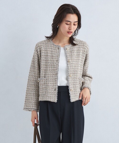 green label relaxing（グリーンレーベルリラクシング）の「ミックス ツイード ノーカラー ニット ジャケット -ウォッシャブル-（カーディガン/ボレロ・レディース・その他1/ネイビー/オフホワイト・FREE）」の5枚目の写真