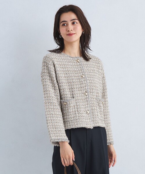 green label relaxing（グリーンレーベルリラクシング）の「ミックス ツイード ノーカラー ニット ジャケット -ウォッシャブル-（カーディガン/ボレロ・レディース・その他1/ネイビー/オフホワイト・FREE）」の7枚目の写真