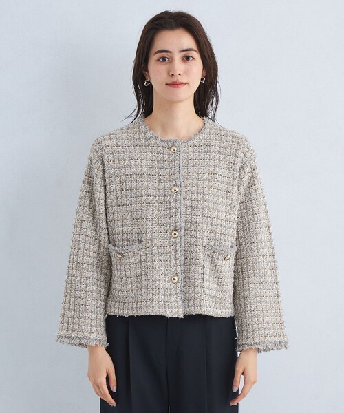 green label relaxing（グリーンレーベルリラクシング）の「ミックス ツイード ノーカラー ニット ジャケット -ウォッシャブル-（カーディガン/ボレロ・レディース・その他1/ネイビー/オフホワイト・FREE）」の12枚目の写真